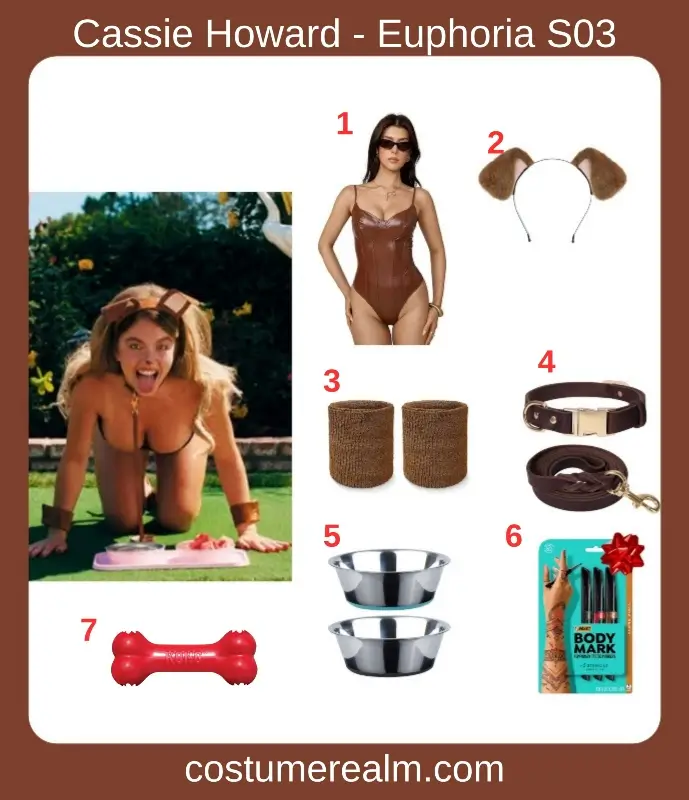 Cassie Howard puppy Halloween costume from Euphoria Season 3 showing all seven pieces: brown bodysuit, dog ears headband, brown wristbands, brown collar and leash, dog bowls, temporary tattoo markers, and red plush dog bone