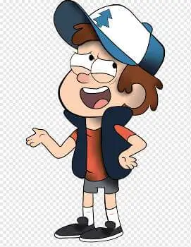 Full-body cartoon illustration of Dipper Pines gesturing with his hand and smiling, showing his pine tree hat, navy vest, orange t-shirt, grey shorts, and striped socks