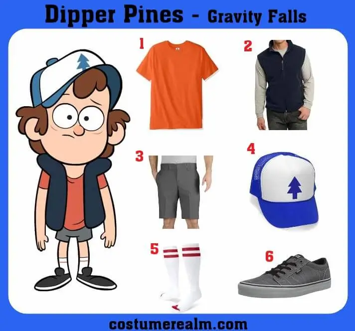 Dipper Pines Halloween costume guide infographic showing a cartoon illustration of Dipper alongside six numbered real-world clothing items: pine tree hat, navy vest, orange t-shirt, grey shorts, striped socks, and grey sneakers