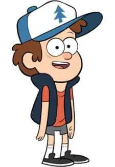 Cartoon character model of Dipper Pines standing in 3/4 profile showing his full everyday outfit: pine tree baseball cap, navy vest, orange t-shirt, grey shorts, and white striped socks