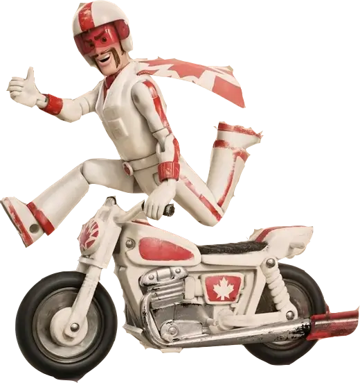 Duke Caboom action pose in full costume with white helmet, red visor, Canadian flag cape, and white biker suit for group and couples Halloween costume reference