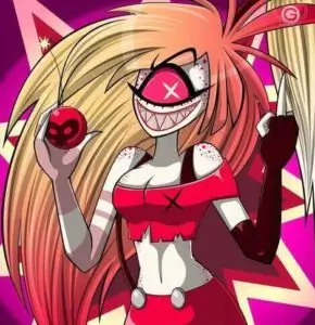 Cherri Bomb from Hazbin Hotel with one eye, blonde pigtails, and explosive bombs