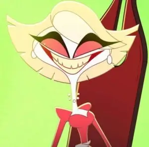 Katie Killjoy the spider demon news anchor from Hazbin Hotel in her purple blazer with her sharp smile