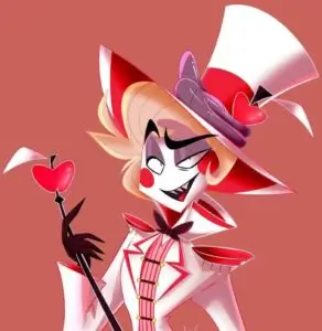 Lucifer Magne from Hazbin Hotel in his white suit and top hat holding his rubber duck cane