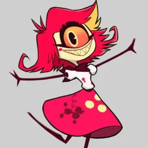 Niffty from Hazbin Hotel, a small one-eyed demon in a 1950s housewife dress holding a knife