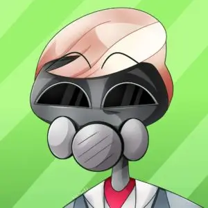 Tom Trench from Hazbin Hotel in his news anchor suit with a gas mask over his face