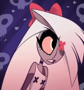 Vaggie from Hazbin Hotel with silver hair, an X-shaped eyepatch marking, and her pale uniform