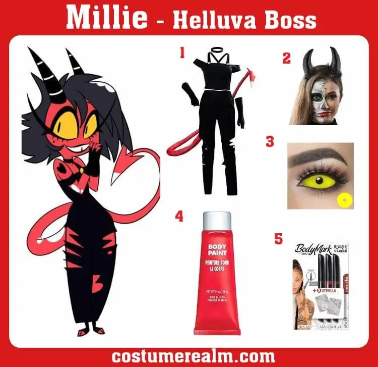 Millie Helluva Boss Halloween costume guide infographic showing five numbered items: black crop top set with tail and gloves, black demon horns, yellow sclera contacts, red body paint tube, and temporary tattoo marker