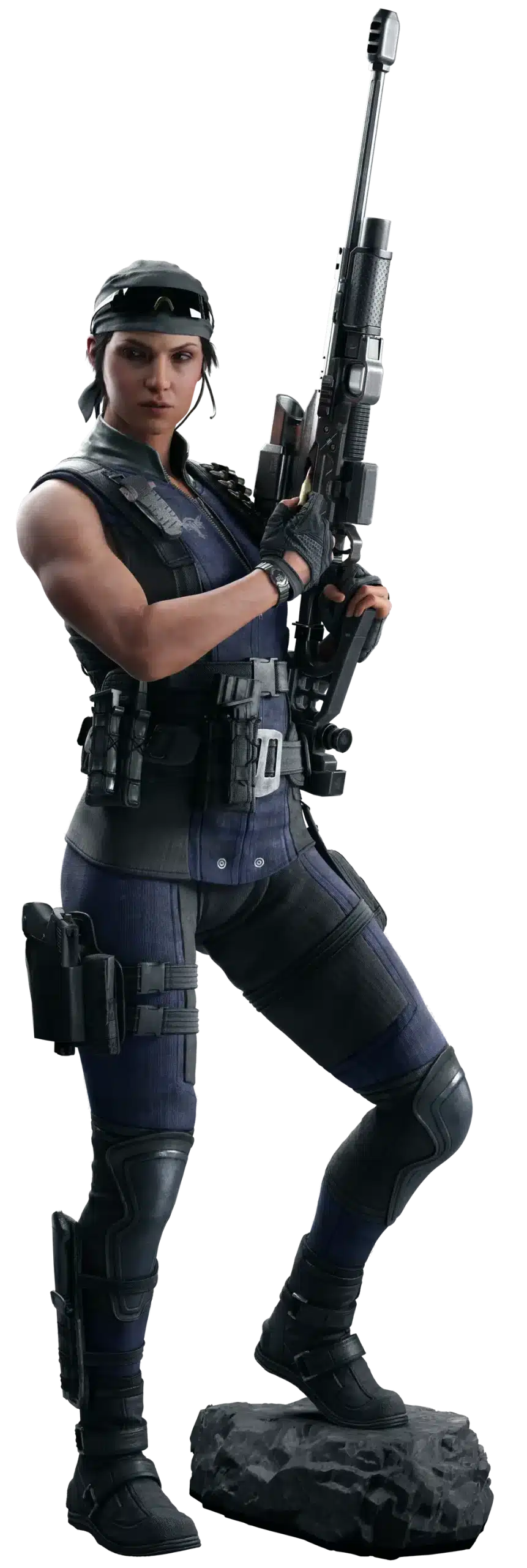 Kali from Rainbow Six Siege full body costume reference showing her complete tactical operator look with navy vest, cargo pants, shield sunglasses, leg holster, and sniper rifle, used as styling reference for the Kali Halloween costume guide
