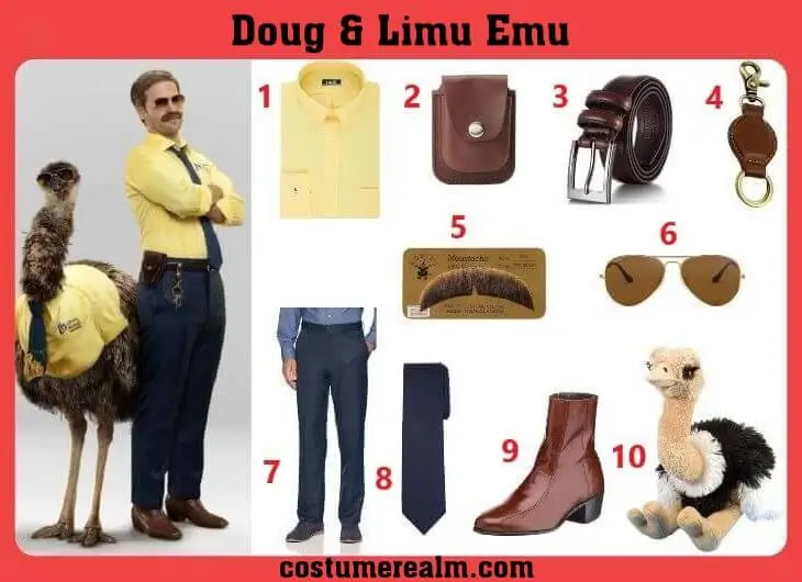Limu Emu and Doug Liberty Mutual Halloween costume guide infographic showing all 11 items: yellow dress shirt, navy tie, aviator sunglasses, fake mustache, dress pants, leather belt, brown ankle boots, pocket watch holder, keychain, emu plush, and bird costume