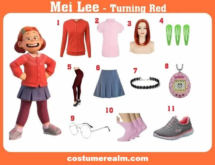 Mei Lee Halloween costume infographic from Turning Red showing all twelve items: orange cardigan, Peter Pan collar pink polo shirt, short straight wig, green hair clips, burgundy leggings, slate blue skater skirt, gothic lace choker, Tamagotchi, silver round glasses, pink ankle socks, white sneakers, and star stud earrings