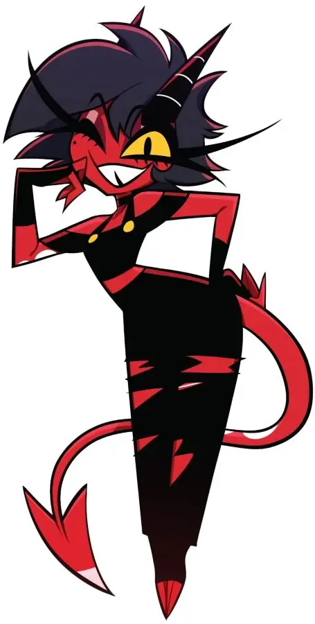Millie from Helluva Boss full-body pose with red skin, small black horns, and pointed tail, wearing her black overall-style outfit
