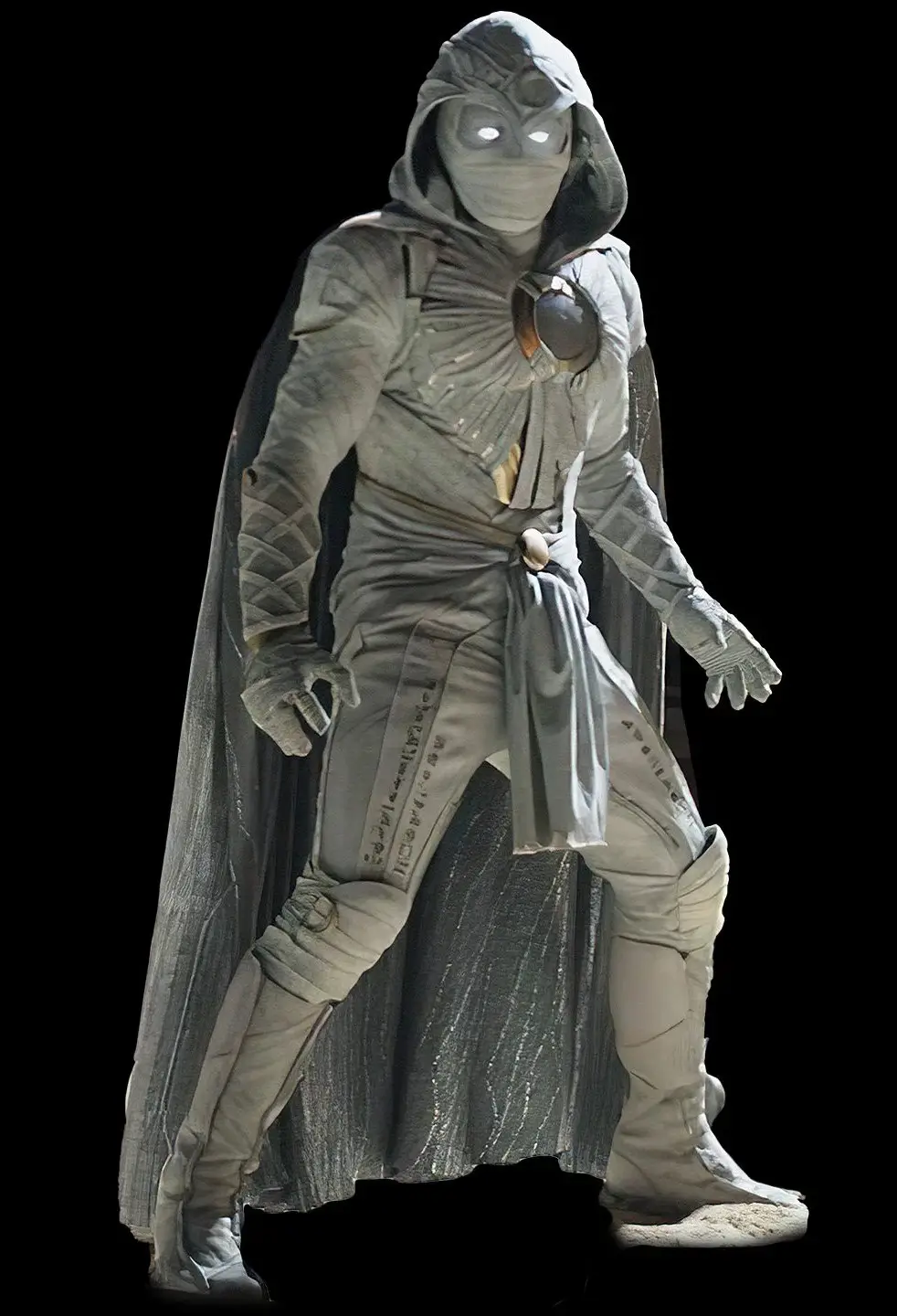 Moon Knight full body costume reference showing the complete all-white Moon Knight suit with hood, mask, crescent darts, and combat boots from the Marvel Disney+ series