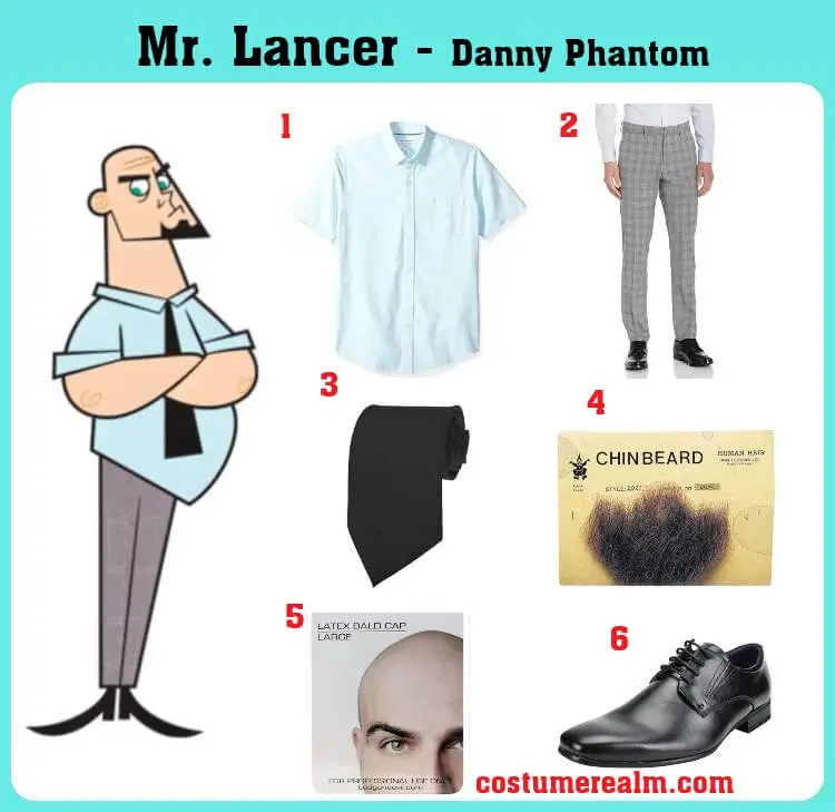 Mr. Lancer Halloween costume guide showing all 6 items: aqua dress shirt, plaid grey pants, black necktie, goatee beard, bald cap, and black dress shoes from Danny Phantom