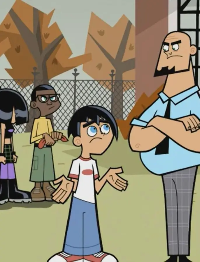 Mr. Lancer from Danny Phantom giving Danny Phantom a month's detention, showing the aqua short-sleeve shirt, black tie, grey pants, bald head, and goatee in the show's animation style