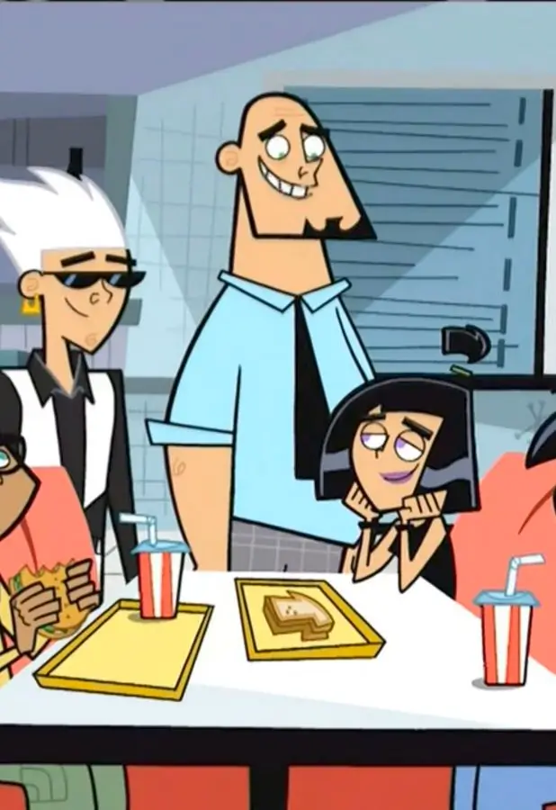 Mr. Lancer from Danny Phantom Season 2 Episode 18 bringing Gregor to the group, showing Lancer alongside multiple Casper High students in a group scene