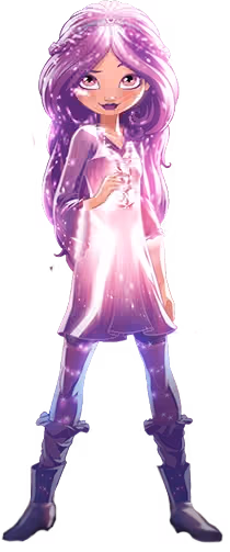 Sage from Star Darlings costume reference showing long lavender braided hair, purple tunic dress, thin star headband, glittery purple stockings layered with knee-high ruffle socks, and mid-calf purple booties