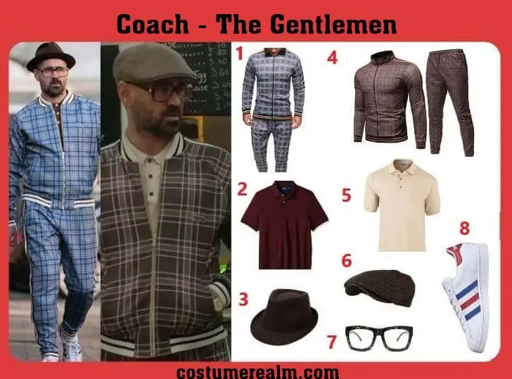 Coach from The Gentlemen Halloween costume guide infographic showing both outfit options: gray autumn tracksuit with burgundy polo and Manhattan fedora, and brown plaid tracksuit with sand polo and newsboy hat, both with leopard glasses and Adidas Superstars