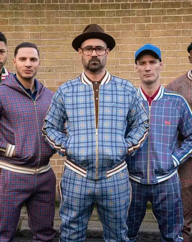 Coach and The Toddlers from The Gentlemen side-by-side costume reference blue plaid tracksuit with fedora hat and leopard glasses