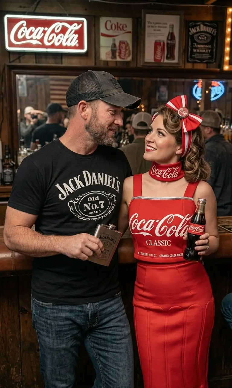 A man and woman in a rustic bar setting wearing Jack Daniel's and Coca-Cola costumes, showing the complete Jack and Coke couples Halloween costume styled together