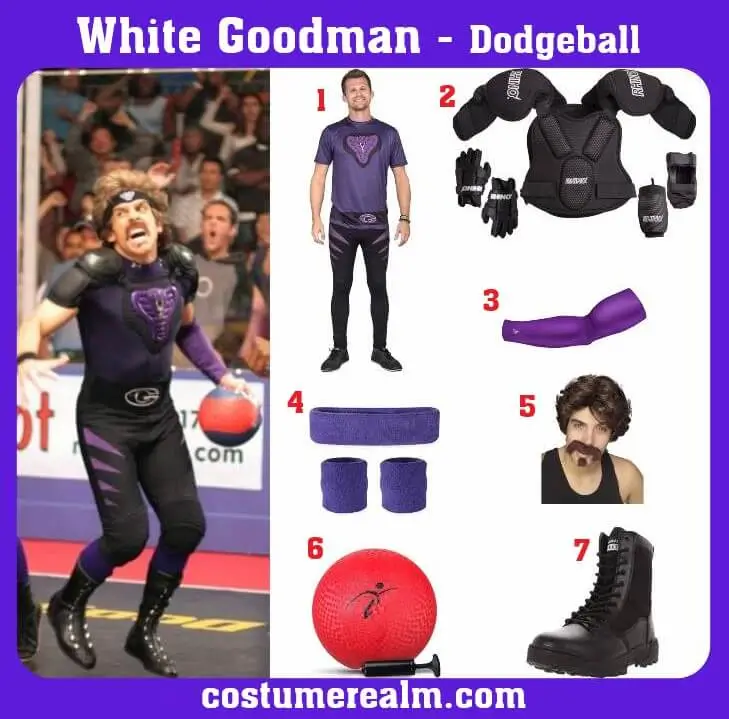 White Goodman Halloween costume guide infographic showing Ben Stiller as White Goodman holding a dodgeball, with seven numbered items: Purple Cobras uniform, lacrosse padding, purple arm sleeve, purple headband and wristbands, feathered wig with horseshoe mustache, red rubber dodgeball, and black wrestling boots
