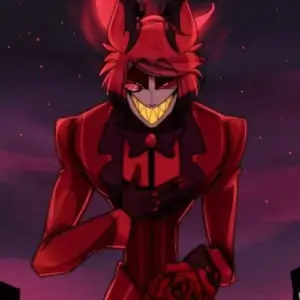 Alastor the Radio Demon from Hazbin Hotel in his red tailcoat and top hat holding his microphone staff