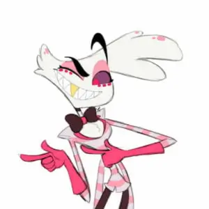 Angel Dust from Hazbin Hotel in his white spider-demon form with pink bow tie and multiple arms