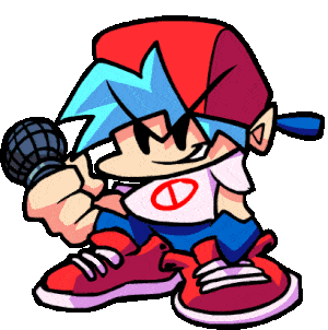 Animated GIF of Boyfriend from Friday Night Funkin in his classic rap battle pose, holding a microphone with his signature light blue spiky hair and red backwards cap
