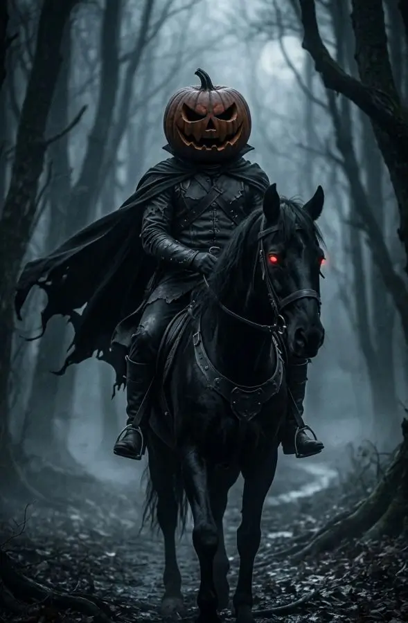 Headless Horseman on a black horse with a glowing pumpkin positioned where his head would be, wearing a dark colonial cape