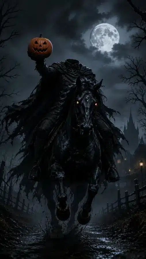 Headless Horseman riding a black horse and holding a glowing pumpkin, wearing a dark cape and colonial riding costume