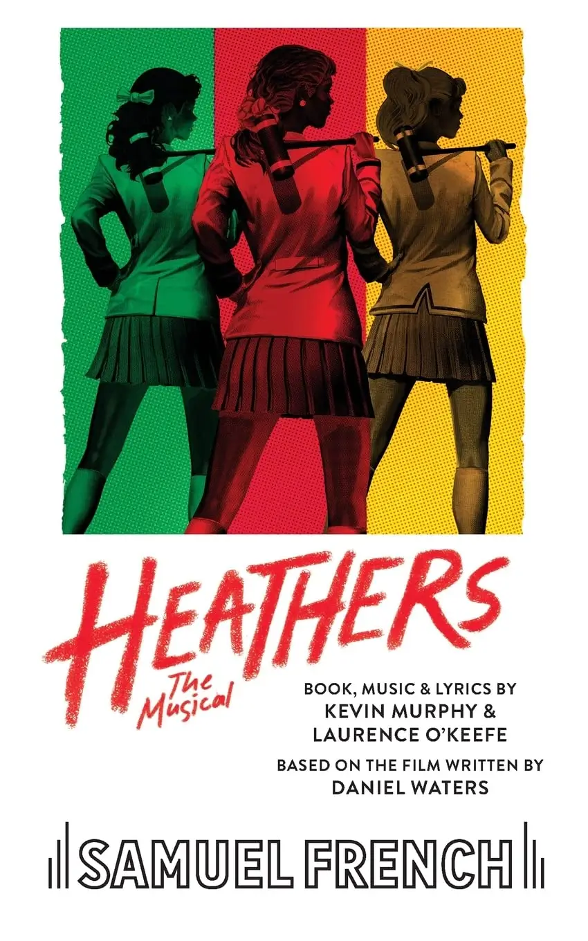 Back view of the four Heathers the Musical characters in their color-coded costumes: yellow McNamara, red Chandler, blue Veronica, and green Duke