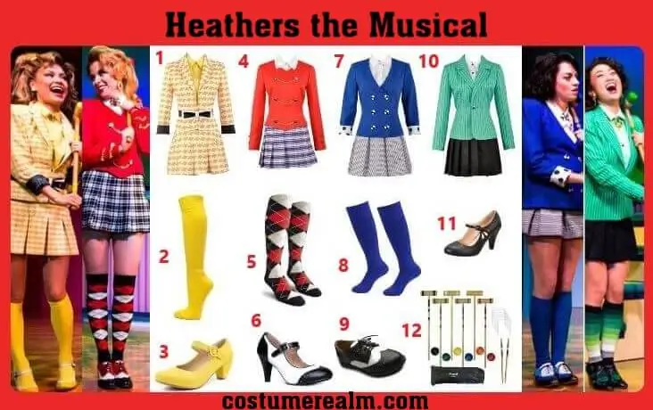 Heathers the Musical Halloween costume guide infographic showing all four characters: Heather McNamara in yellow, Heather Chandler in red, Veronica Sawyer in blue, and Heather Duke in green, with matching socks, shoes, and croquet mallets