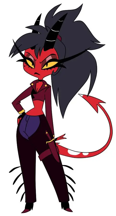Millie from Helluva Boss in her black cropped outfit with red skin, small black horns, and a pointed tail
