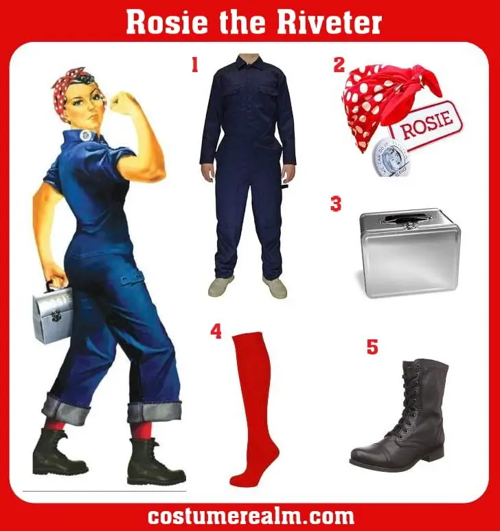 Rosie the Riveter Halloween costume guide infographic showing a full-body Rosie illustration flexing her arm with a metal lunchbox, alongside five numbered costume items: blue boilersuit, red polka dot bandana kit, silver metal lunchbox, red knee-high socks, and black lace-up combat boots