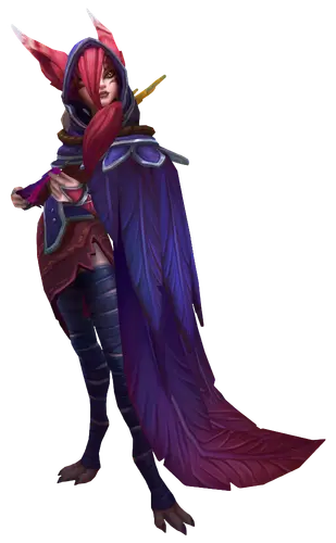 Xayah full body cosplay showing the complete Xayah costume from head to toe including the dark purple outfit, crimson wig, purple feathers, and cosplay shoes