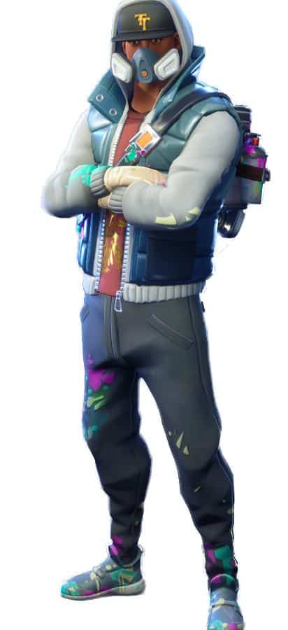 Abstrakt Fortnite character design showing the respirator mask, grey hoodie, and spray paint details