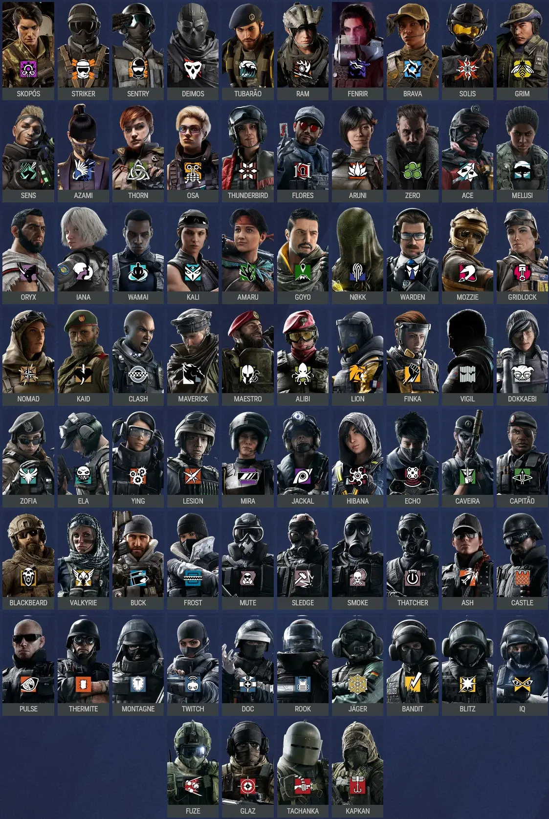 All Rainbow Six Siege operators lineup showing the visual variety across the roster for group cosplay planning