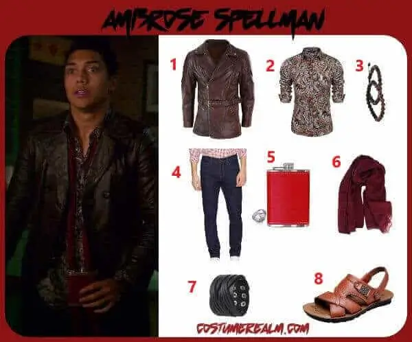 Ambrose Spellman from Chilling Adventures of Sabrina Halloween costume infographic showing cross zip leather jacket, brown black floral shirt, bead bracelet, dark blue jeans, red flask, wine red scarf, leather bracelet, and brown sandals