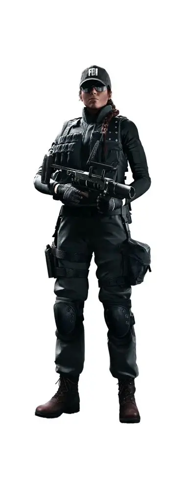 Ash from Rainbow Six Siege full body costume reference showing the complete FBI SWAT tactical operator look including black vest, cargo pants, cap, leg holster, and fingerless gloves