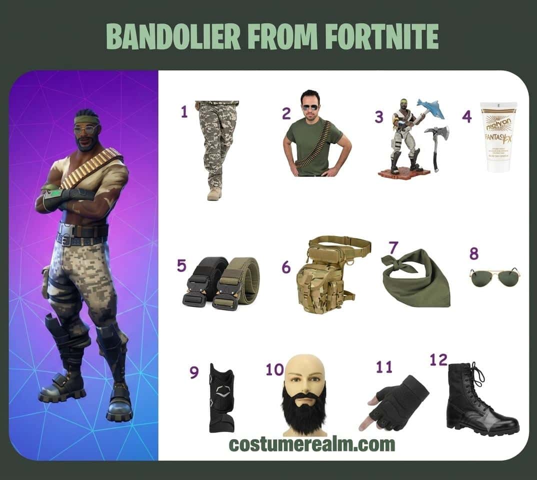 Bandolier Fortnite cosplay guide showing all twelve costume items with labels