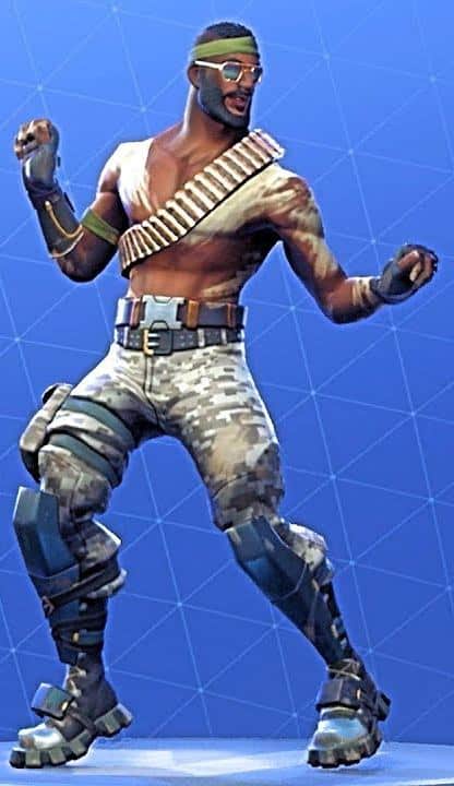 Bandolier Fortnite character design showing the bullet belt, camo eye stripe, beard, and tactical gear