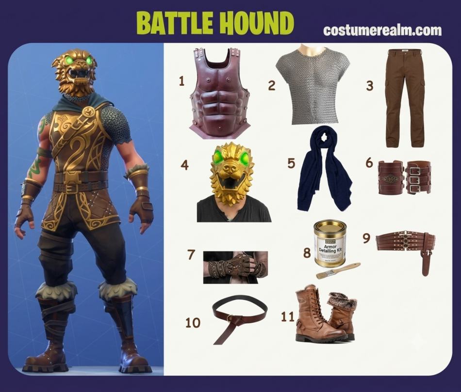 Battle Hound Fortnite cosplay infographic showing all 12 items: brown leather muscle armor, medieval chainmail, brown pants, wolf-helm mask, navy blue scarf, arm armor cuff, fingerless gloves, gold fabric paint, two belts, combat boots, and Funko Pop