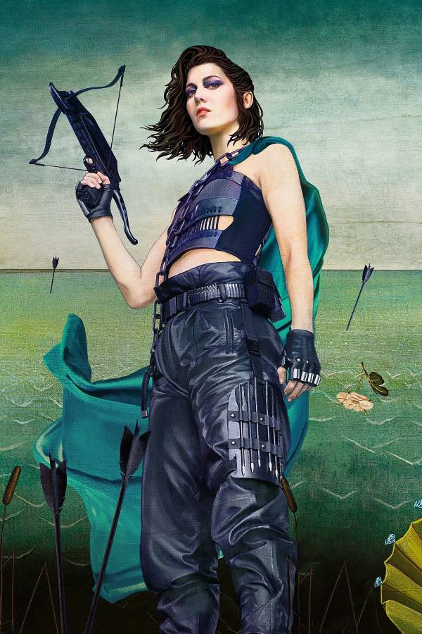 Mary Elizabeth Winstead as The Huntress in the Birds of Prey 2020 movie, wearing dark tactical costume with crossbow in hand