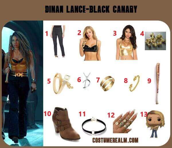 Black Canary from Birds of Prey Halloween costume infographic showing dark blue jeans, black leather bralette, gold halter cami crop top, dreadlocks braiding beads, gold chain belt, snake arm cuff, dragon bracelet, baseball bat prop, 3 buckle booties, black choker, and gold snake rings