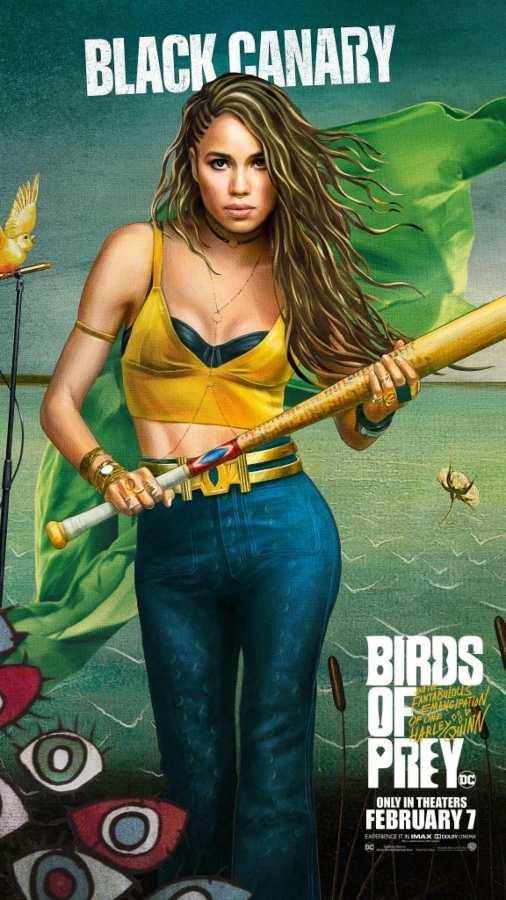 Jurnee Smollett-Bell as Black Canary in Birds of Prey 2020 full body shot, wearing gold cami crop top layered over black bralette, dark blue jeans, beaded braids, and gold accessories