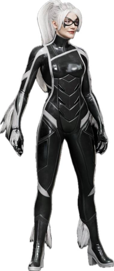 Black Cat Marvel cosplay reference showing the full Halloween costume build with white wavy wig, black bodysuit, white fur trim at wrists and boot tops, half cat eye mask, cat ears headband, and white knee high boots
