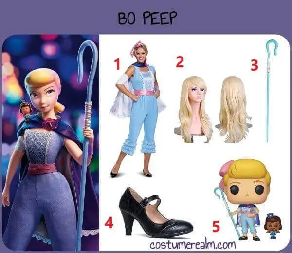 Bo Peep Toy Story Halloween costume infographic showing blue cape dress set, blonde wig, shepherd's crook staff, black Mary Jane pumps, and Funko Pop prop