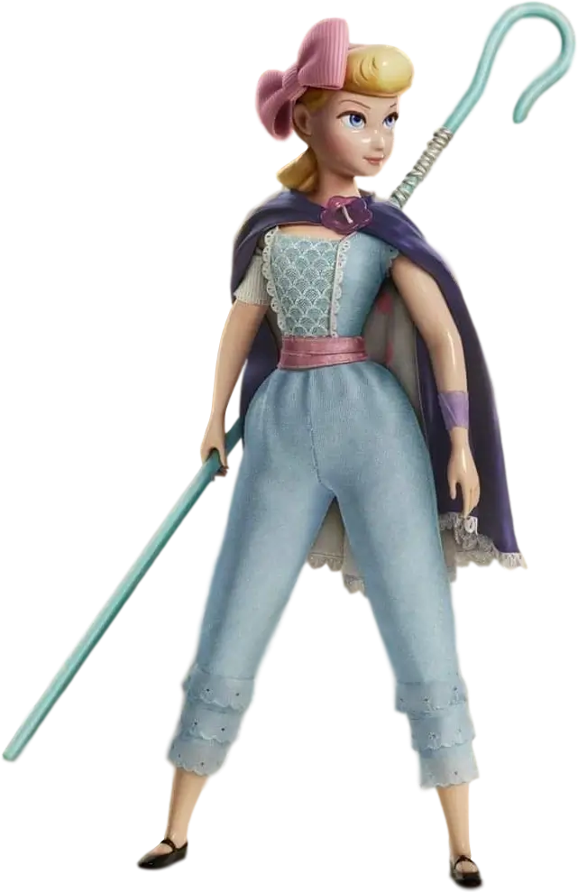 Bo Peep Toy Story 4 full body reference showing blue cape over white dress, pink bow headband, blonde curled hair, and shepherd's crook