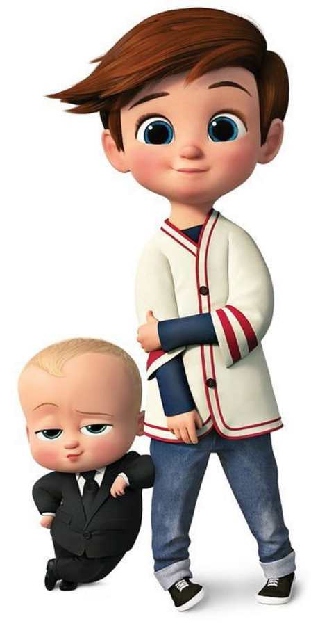 Boss Baby Ted Templeton in black suit with briefcase standing next to his older brother Tim Templeton, showing the sibling duo Halloween costume concept from the DreamWorks film