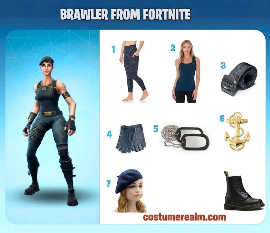 Brawler Fortnite cosplay guide showing all nine costume items with labels